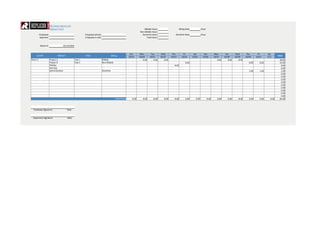 http://www.replicon.com
                       Replicon Forum                                                                                    Billable Hours                        Billing Rate             /hour
                                                                                                                     Non-billable Hours
           Employee:                                       Employee phone:                                             Overtime Hours                    Overtime Rate                  /hour
           Approver:                                       Employee e-mail:                                                 Total Hours


           Week of :                 10/19/2008


                                                                                                            Sun      Mon        Tue        Wed        Thu         Fri          Sat         Sun         Mon        Tue        Wed       Thu       Fri       Sat
      CLIENT                   PROJECT                     TASK                          Billing                                                                                                                                                                   Total
                                                                                                           10/19     10/20     10/21      10/22      10/23       10/24        10/25       10/26        10/27     10/28      10/29     10/30     10/31     11/1
Client A               Project A                  Task 1                      Billable                                  8.00      8.00        8.00                                                        8.00       8.00      8.00                                  48.00
                       Project B                  Task 2                      Non-Billable                                                                            8.00                                                               8.00      8.00              24.00
                       Holiday                                                                                                                          8.00                                                                                                          8.00
                       Sick Day                                                                                                                                                                                                                                       0.00
                       Administrative                                         Overtime                                                                                                                                                   1.00      1.00               2.00
                                                                                                                                                                                                                                                                      0.00
                                                                                                                                                                                                                                                                      0.00
                                                                                                                                                                                                                                                                      0.00
                                                                                                                                                                                                                                                                      0.00
                                                                                                                                                                                                                                                                      0.00
                                                                                                                                                                                                                                                                      0.00
                                                                                                                                                                                                                                                                      0.00
                                                                                                                                                                                                                                                                      0.00
                                                                                                                                                                                                                                                                      0.00
                                                                                             Total Hours      0.00      8.00      8.00       8.00       8.00          8.00       0.00           0.00      8.00      8.00       8.00      9.00      9.00     0.00     82.00



  Employee Signature                     Date


  Supervisor Signature                    Date
 