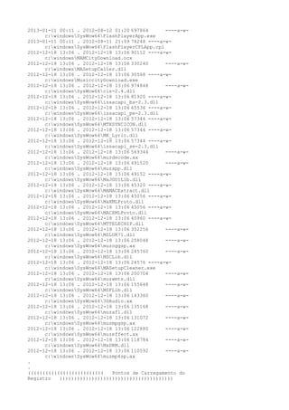 2013-01-11 00:11 . 2012-08-12 01:20 697864      ----a-w-
      c:windowsSysWow64FlashPlayerApp.exe
2013-01-11 00:11 . 2012-08-11 21:09 74248 ----a-w-
      c:windowsSysWow64FlashPlayerCPLApp.cpl
2012-12-18 13:06 . 2012-12-18 13:06 90112 ----a-w-
      c:windowsMAMCityDownload.ocx
2012-12-18 13:06 . 2012-12-18 13:06 330240      ----a-w-
      c:windowsMASetupCaller.dll
2012-12-18 13:06 . 2012-12-18 13:06 30568 ----a-w-
      c:windowsMusiccityDownload.exe
2012-12-18 13:06 . 2012-12-18 13:06 974848      ----a-w-
      c:windowsSysWow64cis-2.4.dll
2012-12-18 13:06 . 2012-12-18 13:06 81920 ----a-w-
      c:windowsSysWow64issacapi_bs-2.3.dll
2012-12-18 13:06 . 2012-12-18 13:06 65536 ----a-w-
      c:windowsSysWow64issacapi_pe-2.3.dll
2012-12-18 13:06 . 2012-12-18 13:06 57344 ----a-w-
      c:windowsSysWow64MTXSYNCICON.dll
2012-12-18 13:06 . 2012-12-18 13:06 57344 ----a-w-
      c:windowsSysWow64MK_Lyric.dll
2012-12-18 13:06 . 2012-12-18 13:06 57344 ----a-w-
      c:windowsSysWow64issacapi_se-2.3.dll
2012-12-18 13:06 . 2012-12-18 13:06 569344      ----a-w-
      c:windowsSysWow64muzdecode.ax
2012-12-18 13:06 . 2012-12-18 13:06 491520      ----a-w-
      c:windowsSysWow64muzapp.dll
2012-12-18 13:06 . 2012-12-18 13:06 49152 ----a-w-
      c:windowsSysWow64MaJGUILib.dll
2012-12-18 13:06 . 2012-12-18 13:06 45320 ----a-w-
      c:windowsSysWow64MAMACExtract.dll
2012-12-18 13:06 . 2012-12-18 13:06 45056 ----a-w-
      c:windowsSysWow64MaXMLProto.dll
2012-12-18 13:06 . 2012-12-18 13:06 45056 ----a-w-
      c:windowsSysWow64MACXMLProto.dll
2012-12-18 13:06 . 2012-12-18 13:06 40960 ----a-w-
      c:windowsSysWow64MTTELECHIP.dll
2012-12-18 13:06 . 2012-12-18 13:06 352256      ----a-w-
      c:windowsSysWow64MSLUR71.dll
2012-12-18 13:06 . 2012-12-18 13:06 258048      ----a-w-
      c:windowsSysWow64muzoggsp.ax
2012-12-18 13:06 . 2012-12-18 13:06 245760      ----a-w-
      c:windowsSysWow64MSCLib.dll
2012-12-18 13:06 . 2012-12-18 13:06 24576 ----a-w-
      c:windowsSysWow64MASetupCleaner.exe
2012-12-18 13:06 . 2012-12-18 13:06 200704      ----a-w-
      c:windowsSysWow64muzwmts.dll
2012-12-18 13:06 . 2012-12-18 13:06 155648      ----a-w-
      c:windowsSysWow64MSFLib.dll
2012-12-18 13:06 . 2012-12-18 13:06 143360      ----a-w-
      c:windowsSysWow643DAudio.ax
2012-12-18 13:06 . 2012-12-18 13:06 135168      ----a-w-
      c:windowsSysWow64muzaf1.dll
2012-12-18 13:06 . 2012-12-18 13:06 131072      ----a-w-
      c:windowsSysWow64muzmpgsp.ax
2012-12-18 13:06 . 2012-12-18 13:06 122880      ----a-w-
      c:windowsSysWow64muzeffect.ax
2012-12-18 13:06 . 2012-12-18 13:06 118784      ----a-w-
      c:windowsSysWow64MaDRM.dll
2012-12-18 13:06 . 2012-12-18 13:06 110592      ----a-w-
      c:windowsSysWow64muzmp4sp.ax
.
.
((((((((((((((((((((((((((   Pontos de Carregamento do
Registro   )))))))))))))))))))))))))))))))))))))))
 