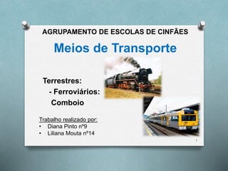 Meios de Transporte 
Terrestres: 
- Ferroviários: 
Comboio 
1 
AGRUPAMENTO DE ESCOLAS DE CINFÃES 
Trabalho realizado por: 
• Diana Pinto nº9 
• Liliana Mouta nº14 
 