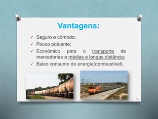 Vantagens: 
 Seguro e cómodo; 
 Pouco poluente; 
 Económico para o transporte de 
mercadorias a médias e longas distância; 
 Baixo consumo de energia(combustível). 
13 
 