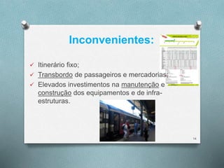 Inconvenientes: 
 Itinerário fixo; 
 Transbordo de passageiros e mercadorias; 
 Elevados investimentos na manutenção e 
construção dos equipamentos e de infra-estruturas. 
14 
 