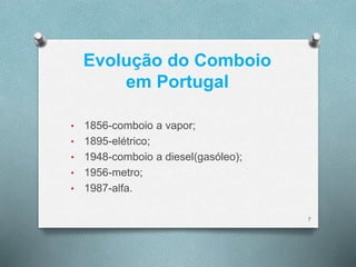 Evolução do Comboio 
em Portugal 
• 1856-comboio a vapor; 
• 1895-elétrico; 
• 1948-comboio a diesel(gasóleo); 
• 1956-metro; 
• 1987-alfa. 
7 
 