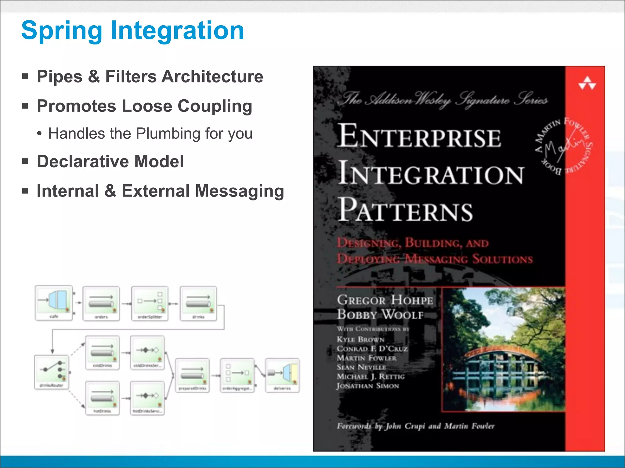 Spring Integration
§ Pipes & Filters Architecture
§ Promotes Loose Coupling
 • Handles the Plumbing for you
§ Declarative Model
§ Internal & External Messaging
 