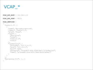 VCAP_*
VCAP_APP_HOST = 192.168.1.13

VCAP_APP_PORT = 58121

VCAP_SERVICES =
{
  "redis-2.2": [
     {
       "name": "my-redis-service",
       "label": "redis-2.2",
       "plan": "free",
       "tags": [
          "key-value",
          "nosql",
          "redis-2.2",
          "redis"
       ],
       "credentials": {
          "hostname": "127.0.0.1",
          "host": "127.0.0.1",
          "port": 5000,
          "password": "ce7b483f-66d1-436d-8aa7-7c33a9ee31ac",
          "name": "e740add8-24ce-40f5-94ed-8a2623e0be57"
       }
     }
  ],
  "postgresql-9.0": [...]
}




                                                                13
 