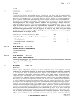 Page of4
05/21/2015
** PROTECTED BY FERPA **
8
Fireman:
Electrical Mechanical Equipment Repair:
DD-963 Auxiliary Systems Technician:
Engineman:
NER-FN-001
NONE ASSIGNED
NONE ASSIGNED
NER-EN-002
FN
NEC-9760
NEC-4398
EN2
Performs all basic fireman apprenticeship functions in engineering areas aboard ship, involving cleanliness,
operation, maintenance, and preservation of main propulsion, auxiliary steam or diesel machinery, steam or diesel
generators, various pumps, motors, and associated equipment; identifies functions of refrigeration equipment,
anchor windlasses, distilling plants, and compressors; uses and maintains hand tools; stands security watches and
fire watches; knows the purpose and limitations of first aid and the first aid treatment for electrical shock, simple
and compound fractures, heat exhaustion, heat stroke, and burns; must be qualified as a swimmer fourth class,
requiring floating for a minimum of five minutes, preparing and using clothing and buoyant objects for staying
afloat, and swimming through oil, flames, and debris; knows how to determine the classes of fire and how to
extinguish them; knows how to couple, uncouple, and stow fire hoses and how to use carbon dioxide, dry chemical,
and water-portable fire extinguishers; knows the function of the typical fire main system, fixed carbon dioxide
system, water washdown system, and magazine sprinkling system; knows the difference between flooding and
progressive flooding and the dangers involved.
Description not available.
Performs, at the organizational level, operational procedures and preventive and corrective maintenance on auxiliary
systems onboard DD-963 class ships.
Operates, repairs, and performs maintenance on internal combustion engines, main propulsion machinery,
refrigeration and air conditioning equipment, gas turbine engines, and shipboard auxiliary equipment; stands watch
on auxiliary boilers. Aligns and operates drain systems, stripping systems, machinery cooling water systems, oil
systems, and purifier systems; aligns steam systems; operates pumps; aligns, operates, and secures internal
combustion engines, steam distilling plants, compressed air systems, refrigeration and air conditioning systems;
records pressure and temperature readings on operating equipment; conducts tests on lubricating oil and distillate
fuels; operates and maintains auxiliary boilers; maintains tools; overhauls valves; performs preventive maintenance
on auxiliary equipment, main propulsion equipment, and on small craft clutches, transmissions, drive shafts, and
packing glands; tests electrohydraulic steering systems; inspects for leaks in reduction gears and thrust bearings;
installs or removes and replaces flange shields on piping systems; fabricates and fits tubing and flexible hose
assemblies; monitors electrical charging and regulating systems; operates and maintains hydraulic equipment;
controls or minimizes the effects of oil and fuel spills; completes maintenance data system forms; uses blueprints,
drawings, and manuals; tests boiler water and feed water. Operates lube oil service, fill and storage systems, and
steam reducing stations; performs prestart inspections; tests evaporators and condensers for leaks; conducts feed
tests and treatment on distilling plants; aligns pump driving units; overhauls air compressors, internal combustion
engines, pumps, refrigeration and air conditioning compressors, small craft clutches, transmissions and drive
Diesel Engine Technology (Boat Engineer Only)
First Aid and Fire Science on the Basis of Institutional Evaluation
Marine Engineering
Swimming (Swimmer First Class Only)
3 SH
SH
3 SH
1 SH
L
L
L
L
01-DEC-1984
01-DEC-1984
26-JAN-1991
14-APR-1999
None
None
None
(12/78)(12/78)
 