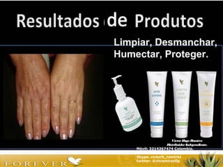 VíctorHugo Ramírez
DistribuidorIndependiente.
Móvil: 3214367474 Colombia.
Email : naturalmenteforever@hotmail.com
Skype: victorh_ramirez
twitter: @vhramirezflp
Limpiar, Desmanchar,
Humectar, Proteger.
 