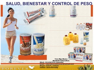 SALUD, BIENESTAR Y CONTROL DE PESO
VíctorHugo Ramírez
DistribuidorIndependiente.
Móvil: 3214367474 Colombia.
Email : naturalmenteforever@hotmail.com
Skype: victorh_ramirez
twitter: @vhramirezflp
 