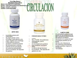 • ARTIC SEA
• Los ácidos grasos poli-
insaturados
• de origen animal, como
• el Omega 3 (del salmón) y de
• origen vegetal como el Omega
• 9 (del aceite de oliva) te
• ayudarán a mantener jóvenes
• las articulaciones y arterias
• evitando así la acumulación
• de sustancias perjudiciales
• para la circulación. 60 cápsulas
• de gelatina.
• FOREVER GARLIC-THYME®
• contiene
• Ajo y Tomillo, dos poderosos
• antioxidantes, que lo
convierten
• en el complemento perfecto
• para mantener una buena
salud.
• La alicina del ajo favorece
• la circulación. 100 cápsulas de
• gelatina sin olor.
• A-BETA CARE
• Un antioxidante poderoso que
ayuda con los problemas de la
piel y fomenta la buena función
del sistema circulatorio
• devolverán a tu cuerpo el vigor
• y la energía perdidos por el
estrés
• del día a día. Además de
• ser poderosos antioxidantes,
• pueden contribuir mejorar la
circulación.
• 100 tabletas
VíctorHugo Ramírez
DistribuidorIndependiente.
Móvil: 3214367474 Colombia.
Email : naturalmenteforever@hotmail.com
Skype: victorh_ramirez
twitter: @vhramirezflp
 