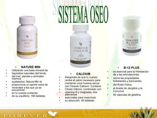 • NATURE MIN
• Utilizando una base mineral de
• depósitos naturales del fondo
• del mar, plantas y animales
marinos
• quelatados, Nature-Min te
• proporciona un aporte extra de
• minerales a los que ya se
encuentran
• en tu cuerpo cuidando
• de su equilibrio. 180 tabletas.
• CALCIUM
• Asegúrate de que tu cuerpo
• recibe el calcio necesario para
• mantener unos huesos sanos
• con Forever Calcium. Contiene
• Citrato Cálcico, combinado con
• vitamina D y magnesio, dos
elementos
• esenciales para maximizar
• su absorción. 90 tabletas.
• B-12 PLUS
• es esencial para la hidratación
de y las articulaciones.
• reúne las propiedades
hidratantes y lubricantes
• del Ácido Folico,
• el Aceite de Jengibre y la
Cúrcuma.
• 60 cápsulas de gelatina.
 