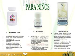 • FOREVER KIDS
• Formuladas para niños mayores
• de dos años, las multivitaminas
• masticables de
• Forever Kids en forma de
animales,
• les aportarán vitaminas,
• minerales y fitonutrientes.
• A tus hijos les encantará el
• sabor natural a naranja y uva.
• 120 tabletas.
• B12 PLUS
• ¡Disfrute de los beneficios de la
vitamina B12 y el Ácido Fólico,
combinados en una fórmula
exclusivamente diseñada para
completar nuestro gran surtido
de complementos
nutricionales.
• • Ayuda a reducir los niveles de
homocisteína
• Extremadamente segura, aún
en grandes cantidades
• Complementos de vitamina
B12 y ácido fólico deben
tomarse juntos
• FOREVER LITE
• Forever Lite es la mejor opción
para hacer una comida ligera y
sana, Combinados con leche o
Jugo ,te aportan una completa
variedad de vitaminas,
Minerales,
• proteínas y carbohidratos. Dos
batidos al día proporcionan
• las cantidades recomendadas
de vitaminas y minerales.
• Aptos para diabéticos. 547g.
 