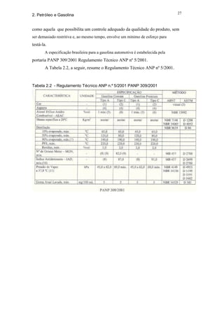 27
2. Petróleo e Gasolina


como aquela que possibilita um controle adequado da qualidade do produto, sem
ser demasiado restritiva e, ao mesmo tempo, envolve um mínimo de esforço para
testá-la.
        A especificação brasileira para a gasolina automotiva é estabelecida pela
portaria PANP 309/2001 Regulamento Técnico ANP nº 5/2001.
        A Tabela 2.2, a seguir, resume o Regulamento Técnico ANP nº 5/2001.


Tabela 2.2 - Regulamento Técnico ANP n.º 5/2001 PANP 309/2001
 