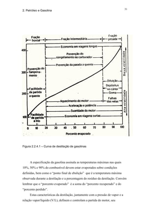 31
2. Petróleo e Gasolina




Figura 2.2.4.1 – Curva de destilação de gasolinas




     A especificação da gasolina assinala as temperaturas máximas nas quais
10%, 50% e 90% do combustível devem estar evaporados sobre condições
definidas, bem como o “ponto final de ebulição” que é a temperatura máxima
observada durante a destilação e a porcentagem do resíduo da destilação. Convém
lembrar que o “porcento evaporado” é a soma do “porcento recuperado” e do
“porcento perdido”.
     Estas características da destilação, juntamente com a pressão de vapor e a
relação vapor/líquido (V/L), definem e controlam a partida do motor, seu
 