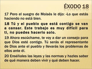 17 Pero el suegro de Moisés le dijo: -Lo que estás haciendo no está bien. 18 Tú y el pueblo que está contigo se van a cansar. Este trabajo es muy difícil para ti, no puedes hacerlo solo. 19 Ahora escúchame, te voy a dar un consejo para que Dios esté contigo. Tú serás el representante de Dios ante el pueblo y llevarás los problemas de ellos ante él. 20 Enséñales las leyes y las normas y hazles saber de qué manera deben vivir y qué deben hacer. 