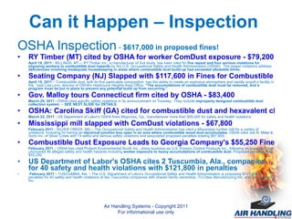 Can it Happen – Inspection  OSHA Inspection  -  $617,000 in proposed fines! RY Timber (MT) cited by OSHA for worker ComDust exposure - $79,200 April 19, 2011  - BILLINGS, MT -- RY Timber Inc., a manufacturer of 2x4 studs, has been cited for  five repeat and four serious violations for exposing workers to combustible dust hazards  by the U.S. Occupational Safety and Health Administration (OSHA).  The repeat violations address  deficiencies involving inadequate housekeeping in areas where combustible dust build-up had exceeded allowable limits. Seating Company (NJ) Slapped with $117,600 in Fines for Combustible Dust, Health Hazards - $117,600 April 15, 2011  - “Combustible dust, with its fine particulate composition, has the ability to create an explosive atmosphere and rapidly engulf a facility in fire,” said Lisa Levy, director of OSHA’s Hasbrouck Heights Area Office.  “The accumulations of combustible dust must be removed, and a program must be put in place to prevent any potential build up from occurring.” Gov. Malloy tours Connecticut firm cited by OSHA - $83,400 March 29, 2011 -  OSHA cited specific safety violations in its announcement on Tuesday.  They include  improperly designed combustible dust collection system . –  SEE NEXT SLIDE for DETAILS OSHA: Carolina Skiff (GA) cited for combustible dust and hexavalent chromium exposure - $95,000 March 22, 2011  - US Department of Labor's OSHA fines Waycross, Ga., manufacturer more than $95,000 for safety and health violations  Mississippi mill slapped with ComDust violations - $67,800 February 2011  - SILVER CREEK, MS -- The Occupational Safety and Health Administration has cited a Mississippi lumber mill for a variety of violations, including for having an  electrical junction box open in an area where combustible wood dust accumulates . OSHA cited Joe N. Miles & Sons Inc. of Silver Creek with 19 willful and serious safety violations and associated proposed penalties totaling $67,800. Combustible Dust Exposure Leads to Georgia Company's $55,250 Fine February 2011  – OSHA has cited Protech Environmental South Inc., doing business as U.S. Erosion Control Products Inc., following an inspection that uncovered 46 alleged safety and health hazards including  worker exposure to heavy accumulations of combustible dust . Proposed penalties total $55,250. US Department of Labor's OSHA cites 2 Tuscumbia, Ala., companies for 40 safety and health violations with $121,800 in penalties February 2011  – TUSCUMBIA, Ala. – The U.S. Department of Labor's Occupational Safety and Health Administration is proposing $121,800 in penalties for 40 safety and health violations at two Tuscumbia companies with shared family ownership, Tri-Cities Manufacturing Inc. and Tool Masters Inc. Air Handling Systems - Copyright 2011 For informational use only 