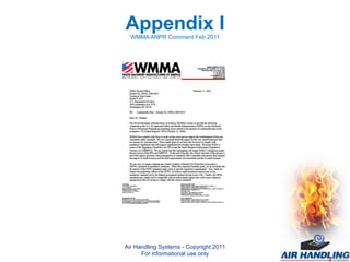 Appendix I WMMA ANPR Comment Feb 2011 Air Handling Systems - Copyright 2011 For informational use only 
