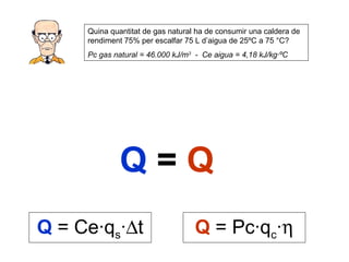 Quina quantitat de gas natural ha de consumir una caldera de
     rendiment 75% per escalfar 75 L d’aigua de 25ºC a 75 °C?
     Pc gas natural = 46.000 kJ/m3 - Ce aigua = 4,18 kJ/kg·ºC




              Q=Q
Q = Ce·qs·∆t                       Q = Pc·qc·η
 