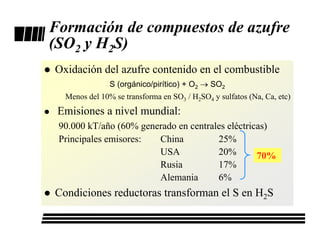 Formación de compuestos de azufre
(SO2 y H2S)
Oxidación del azufre contenido en el combustible
               S (orgánico/pirítico) + O2 → SO2
  Menos del 10% se transforma en SO3 / H2SO4 y sulfatos (Na, Ca, etc)
 Emisiones a nivel mundial:
 90.000 kT/año (60% generado en centrales eléctricas)
 Principales emisores:  China          25%
                        USA            20%        70%
                        Rusia          17%
                        Alemania       6%
Condiciones reductoras transforman el S en H2S
 