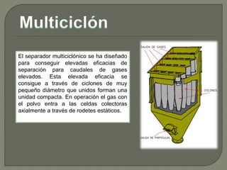 El separador multiciclónico se ha diseñado
para conseguir elevadas eficacias de
separación para caudales de gases
elevados. Esta elevada eficacia se
consigue a través de ciclones de muy
pequeño diámetro que unidos forman una
unidad compacta. En operación el gas con
el polvo entra a las celdas colectoras
axialmente a través de rodetes estáticos.
 