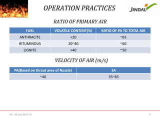 OPERATION PRACTICES
RATIO OF PRIMARY AIR
FUEL

VOLATILE CONTENT(%)

RATIO OF PA TO TOTAL AIR

ANTHRACITE

<20

~65

BITUMINOUS

20~40

~60

LIGNITE

>40

~50

VELOCITY OF AIR (m/s)
PA(Based on throat area of Nozzle)

SA

~40

55~85

RU - 30 July 2013 V0

9

 