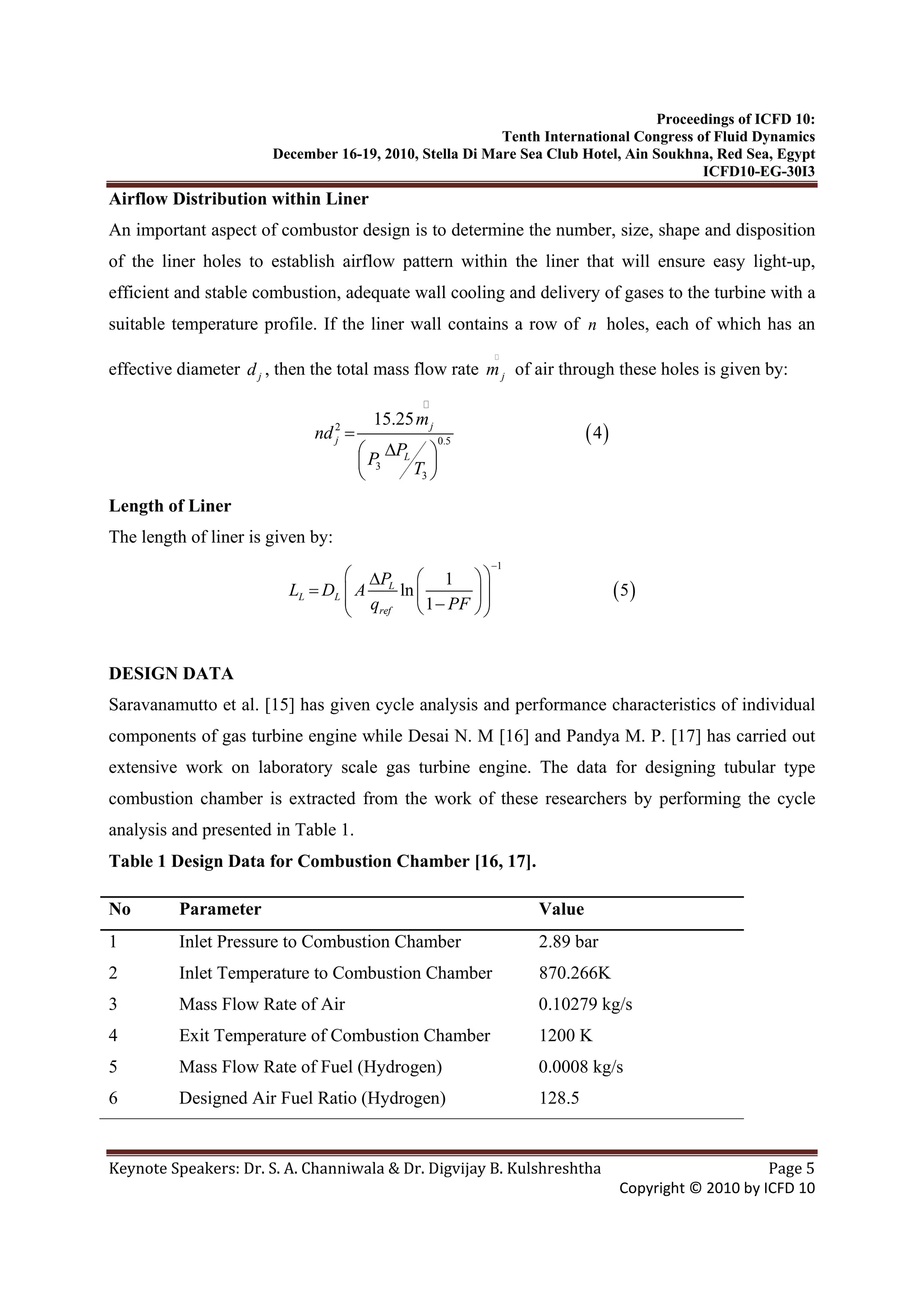 Proceedings of ICFD 10:
Tenth International Congress of Fluid Dynamics
December 16-19, 2010, Stella Di Mare Sea Club Hotel, Ain Soukhna, Red Sea, Egypt
ICFD10-EG-30I3
Keynote Speakers: Dr. S. A. Channiwala & Dr. Digvijay B. Kulshreshtha  Page 5 
Copyright © 2010 by ICFD 10 
Airflow Distribution within Liner
An important aspect of combustor design is to determine the number, size, shape and disposition
of the liner holes to establish airflow pattern within the liner that will ensure easy light-up,
efficient and stable combustion, adequate wall cooling and delivery of gases to the turbine with a
suitable temperature profile. If the liner wall contains a row of n holes, each of which has an
effective diameter jd , then the total mass flow rate jm of air through these holes is given by:
( )2
0.5
3
3
15.25
4j
j
L
m
nd
P
P
T
=
Δ⎛ ⎞
⎜ ⎟
⎝ ⎠
Length of Liner
The length of liner is given by:
( )
1
1
ln 5
1
L
L L
ref
P
L D A
q PF
−
⎛ ⎞⎛ ⎞Δ
= ⎜ ⎟⎜ ⎟⎜ ⎟−⎝ ⎠⎝ ⎠
DESIGN DATA
Saravanamutto et al. [15] has given cycle analysis and performance characteristics of individual
components of gas turbine engine while Desai N. M [16] and Pandya M. P. [17] has carried out
extensive work on laboratory scale gas turbine engine. The data for designing tubular type
combustion chamber is extracted from the work of these researchers by performing the cycle
analysis and presented in Table 1.
Table 1 Design Data for Combustion Chamber [16, 17].
No Parameter Value
1 Inlet Pressure to Combustion Chamber 2.89 bar
2 Inlet Temperature to Combustion Chamber 870.266K
3 Mass Flow Rate of Air 0.10279 kg/s
4 Exit Temperature of Combustion Chamber 1200 K
5 Mass Flow Rate of Fuel (Hydrogen) 0.0008 kg/s
6 Designed Air Fuel Ratio (Hydrogen) 128.5
 