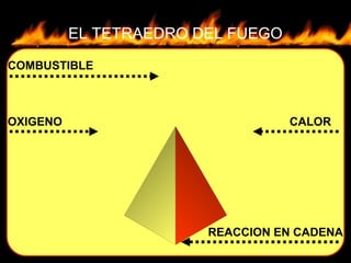 EL TETRAEDRO DEL FUEGO
CALOROXIGENO
REACCION EN CADENA
COMBUSTIBLE
 