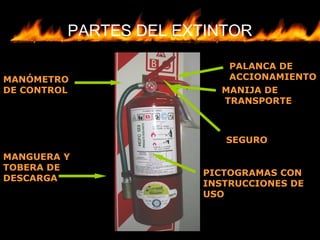 PARTES DEL EXTINTOR
PALANCA DE
ACCIONAMIENTO
MANIJA DE
TRANSPORTE
MANÓMETRO
DE CONTROL
MANGUERA Y
TOBERA DE
DESCARGA
MANIJA DE
TRANSPORTE
SEGURO
PICTOGRAMAS CON
INSTRUCCIONES DE
USO
 