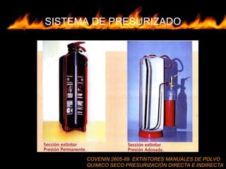 SISTEMA DE PRESURIZADO
COVENIN 2605-89. EXTINTORES MANUALES DE POLVO
QUIMICO SECO PRESURIZACIÓN DIRECTA E INDIRECTA
 