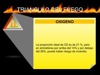 TRIANGULO DEL FUEGO
OXIGENO
La proporción ideal de O2 es de 21 %, pero
en atmósferas por arriba del 14% y por debajo
del 26%, puede haber riesgo de incendio.
 