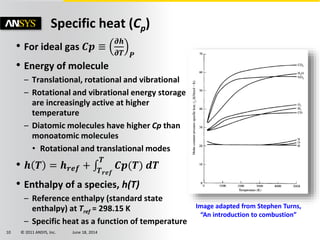 © 2011 ANSYS, Inc. June 18, 201410
• For ideal gas 𝑪𝒑 ≡
𝝏𝒉
𝝏𝑻 𝑷
• Energy of molecule
– Translational, rotational and vibrational
– Rotational and vibrational energy storage
are increasingly active at higher
temperature
– Diatomic molecules have higher Cp than
monoatomic molecules
• Rotational and translational modes
• 𝒉 𝑻 = 𝒉 𝒓𝒆𝒇 + 𝑻 𝒓𝒆𝒇
𝑻
𝑪𝒑(𝑻) 𝒅𝑻
• Enthalpy of a species, h(T)
– Reference enthalpy (standard state
enthalpy) at Tref = 298.15 K
– Specific heat as a function of temperature
Specific heat (Cp)
Image adapted from Stephen Turns,
“An introduction to combustion”
 