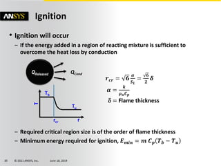 © 2011 ANSYS, Inc. June 18, 201430
Ignition
• Ignition will occur
– If the energy added in a region of reacting mixture is sufficient to
overcome the heat loss by conduction
– Required critical region size is of the order of flame thickness
– Minimum energy required for ignition, 𝑬 𝒎𝒊𝒏 = 𝒎 𝑪 𝒑 𝑻 𝒃 − 𝑻 𝒖
𝒓 𝒄𝒓 = 𝟔
𝜶
𝑺 𝑳
=
𝟔
𝟐
𝜹
𝜶 =
𝒌
𝝆 𝒖 𝑪 𝒑
 = Flame thickness
QReleased QCond
T
r
Tb
rcr
Tu
 
