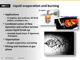© 2011 ANSYS, Inc. June 18, 201433
Liquid evaporation and burning
• Applications
– IC engines; Gas turbines; Oil fired
boilers, scrubbers; etc.
• Combined action of flow
dynamics and surface tension
causes liquid break up
– Unstable liquid sheet  ligaments
droplets
• Vaporization
– Droplet evaporation and boiling
• Mixing and reactions in gas
phase
IC engine
Gas turbine combustor
 