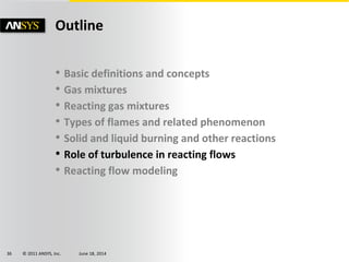 © 2011 ANSYS, Inc. June 18, 201436
• Basic definitions and concepts
• Gas mixtures
• Reacting gas mixtures
• Types of flames and related phenomenon
• Solid and liquid burning and other reactions
• Role of turbulence in reacting flows
• Reacting flow modeling
Outline
 