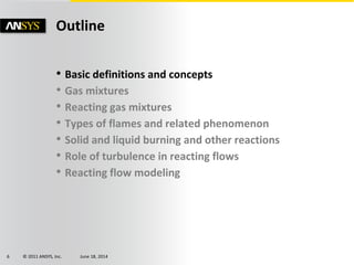 © 2011 ANSYS, Inc. June 18, 20146
• Basic definitions and concepts
• Gas mixtures
• Reacting gas mixtures
• Types of flames and related phenomenon
• Solid and liquid burning and other reactions
• Role of turbulence in reacting flows
• Reacting flow modeling
Outline
 