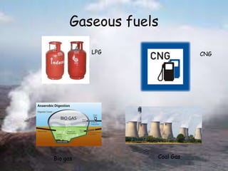 Gaseous fuels
LPG CNG
Bio gas Coal Gas
 