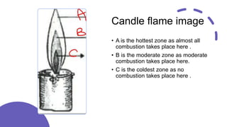 Candle flame image
• A is the hottest zone as almost all
combustion takes place here .
• B is the moderate zone as moderate
combustion takes place here.
• C is the coldest zone as no
combustion takes place here .
 