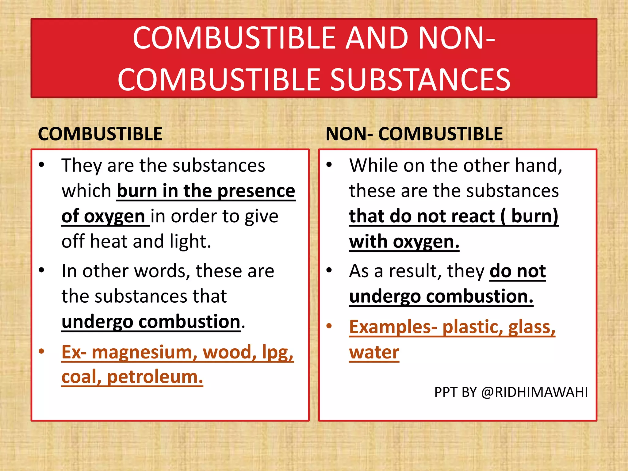 COMBUSTIBLE AND NON-
COMBUSTIBLE SUBSTANCES
COMBUSTIBLE
• They are the substances
which burn in the presence
of oxygen in order to give
off heat and light.
• In other words, these are
the substances that
undergo combustion.
• Ex- magnesium, wood, lpg,
coal, petroleum.
NON- COMBUSTIBLE
• While on the other hand,
these are the substances
that do not react ( burn)
with oxygen.
• As a result, they do not
undergo combustion.
• Examples- plastic, glass,
water
PPT BY @RIDHIMAWAHI
 