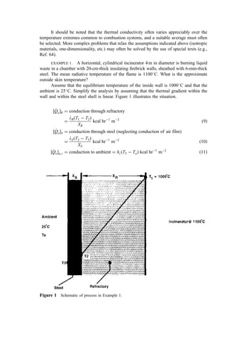 It should be noted that the thermal conductivity often varies appreciably over the
temperature extremes common to combustion systems, and a suitable average must often
be selected. More complex problems that relax the assumptions indicated above (isotropic
materials, one-dimensionality, etc.) may often be solved by the use of special texts (e.g.,
Ref. 64).
EXAMPLE 1. A horizontal, cylindrical incinerator 4 m in diameter is burning liquid
waste in a chamber with 20-cm-thick insulating ﬁrebrick walls, sheathed with 6-mm-thick
steel. The mean radiative temperature of the ﬂame is 1100
C. What is the approximate
outside skin temperature?
Assume that the equilibrium temperature of the inside wall is 1000
C and that the
ambient is 25
C. Simplify the analysis by assuming that the thermal gradient within the
wall and within the steel shell is linear. Figure 1 illustrates the situation.
½ _
Q
QaR ¼ conduction through refractory
¼
lRðT1  T2Þ
XR
kcal hr1
m2
ð9Þ
½ _
Q
QaS ¼ conduction through steel ðneglecting conduction of air filmÞ
¼
lSðT2  T3Þ
XS
kcal hr1
m2
ð10Þ
½ _
Q
Qaa;c ¼ conduction to ambient ¼ hcðT3  TaÞ kcal hr1
m2
ð11Þ
Figure 1 Schematic of process in Example 1.
 