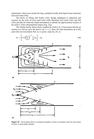 For this situation or for the slot jet itself:
J ¼ 0:051 ð64Þ

v
vm ¼ 0:127
u
u0
y0
x
	 
1=2 r0
ra
 1=2
ð65Þ
EXAMPLE 2. A round jet with a diameter of 10 cm is situated on the sidewall of a
furnace. Air at 27
C is discharged into the furnace at a velocity of 15 m=sec. Calculate the
inﬂux velocity as the jet moves across the furnace. Do the same for a linear array of 1.5-
cm-diameter jets on 6-cm centers with a 
u
u0 of 60 m=sec.
The mean temperature of the furnace gases is 1027
C and has a mean molecular
weight approximately the same as air.
For the round jet, noting that with similar molecular weights the density ratio is
given by the inverse of the absolute temperature ratio, Eq. (62) indicates

v
vm ¼ 0:47ð15Þð1300=300Þ1=2
ð0:1Þð1=xÞ
¼ 1:47=x
For the array of jets, the equivalent slot width is given by Eq. (63) as
ðy0Þequivalent ¼ pð0:015Þ2
=ð4Þð0:06Þ
¼ 0:00295 m ¼ 0:295 cm
and from Eq. (65)

v
vm ¼ 0:127ð60Þð0:00295Þ1=2
ð1300=300Þ1=2
ð1=xÞ1=2
¼ 0:861ð1=xÞ1=2
The resulting velocity ﬁeld is show in Fig. 21.
The primary signiﬁcance of these calculations lies in the demonstration that, in the
region of the nozzle face, a substantial velocity ﬁeld will exist, with furnace gas moving
along the wall toward the jet. This ﬂow increases the convective heat ﬂux to the wall in the
vicinity of the nozzle (raising wall temperature) and scours the wall with entrained ﬂy ash.
If the resulting wall temperature is below the ﬂy-ash sticking temperature, some
(though probably minor) wall erosion may occur. If the wall temperature is high enough so
that the ﬂy ash adheres, a buildup of slag mass will occur. This phenomenon (known as
‘‘bearding’’) is well known in refractory municipal refuse incinerators where slag
accumulations often surround sidewall jet oriﬁces. Slumping or melting of the slag can
occur until the overhanging mass is chilled by the cold air jet. The resulting overhang of
slag can deﬂect the jet into the refuse bed, increasing the entrainment of ﬂy ash and, if
severe deﬂection occurs, resulting in a blow-pipe heating effect with consequent destruc-
tion of the metal grate.
Beyond the speciﬁc effects of jet-driven recirculation noted above, it is well to keep
in mind the more general concept that regions of steep velocity gradients will always lead
to an inspiration effect with consequent perturbation of the ﬂow ﬁeld.
2. Axial Jets
The discharge of a jet of fuel and=or air down the axis of a combustor induces recirculation
ﬂow, which, in extreme cases, can be the controlling inﬂuence in establishing combustor
 