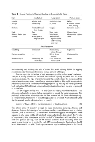 7
Materials Preparation and Handling
Probably no single element of incineration systems causes more problems than those
related to the handling of wastes. One of the most signiﬁcant differences between liquid
and gaseous waste incineration systems and those for sludges and solids concerns the
equipment used to collect, transport, store, reclaim, and ﬁre the wastes. In many cases,
weaknesses or failures in the design of materials handling subsystems have greatly reduced
the utility and increased the operating and maintenance problems and costs of solid or
sludge waste management facilities.
I. SOLID WASTES
A. General
In comparison with sludges, most solid wastes usually have a low bulk density and, except
for process wastes, include a substantial fraction of cellulose (wood, paper, cardboard).
The low bulk density requires relatively large storage space and often involves rehandling
of the waste (stacking) to increase storage capacity. For hazardous waste materials that
present a toxicity problem to plant personnel, enclosed storage such as single-outlet bins,
multiple-outlet silos, and portable bins are required. Municipal solid wastes can be stored
using a number of techniques, as shown in Table 1.
Multiple-outlet silos are useful to store small or medium quantities since they rely on
gravity to discharge the solids. Therefore, hopper slopes and outlet dimensions must be
generous enough to ensure uninhibited ﬂow. Single-outlet bins are common in industry.
These bins use funnel-ﬂow with steep, pyramidal hoppers sloping 60
or less from the
horizontal. Portable bins are commonly used for on-site waste accumulation at industrial
and commercial sites. In many instances, the container is equipped with a hydraulic
compactor to increase capacity and reduce the frequency of pick-up.
In small facilities, domestic solid wastes are often dumped on a tipping ﬂoor and
pushed about or stacked using a front-end loader. In larger plants, a concrete pit and bridge
crane system is more common. Pit and crane systems are much more costly than the ﬂoor
dump approach.
 