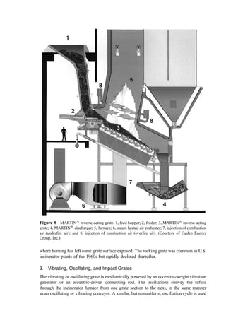 the refuse bed and ash residue toward the discharge end of the grate, and does some
stoking and mixing of the burning material on the grates. Underﬁre air passes upward
through the grate to provide oxygen for the combustion processes, while at the same time
cooling the metal portions of the grate to protect them from oxidation and heat damage.
Typical grate designs correspond to an average heat release rate of 13,500 to 16,000 kcal
m2
min1
. Clearly, the actual rate in different portions of the grate differs widely from this
average.
The grate device is only one part of the overall primary furnace system. The primary
furnace system includes the hopper=chute=feeder, the grate and underﬁre air system, the
furnace enclosure with its protective side walls, the overﬁre air system (including design
features such as the shape of the lower regions of the enclosure and the direction and
discharge velocity of the air jet nozzles), and the bottom ash and siftings equipment. While
each vendor makes claims as to the beneﬁts of its particular grate design, most ﬁrms have
invested considerable time and money in developing an optimized, overall primary furnace
system that works together as a successful, integrated package. If one takes the grate of one
vendor and inserts it into the furnace envelope of another, success is no longer as certain.
1. Reciprocating Grate
Reciprocating grates involve cast alloy grate bars, actuated in sequence to push, mix, and
help to break up (stoke) the refuse. Since the early 1970s, the reciprocating grate system
has become the most commonly used type in mass burn incinerator service. The plane of
the grates provided by the several grate vendor ﬁrms throughout the world ranges from ﬂat
to inclined downward toward the ash discharge point. The grate bar actuation devices
include those that push toward the ash discharge (the preponderance of grates are of this
design) and those that push toward the feed end.
a. Grates on the Flat or Pushing ‘‘Downhill’’. In this embodiment, the reciprocating or
pusher grate is installed stepwise in rows on the ﬂat or on a slight downward incline toward
the discharge (generally up to about 15
depression). Alternate rows of high chromium–
nickel alloy grate bars are stationary or move to convey the refuse from the feed point
(under the feed chute or at the discharge plane of a feeder ram) through the combustion
area to the ash hopper or other ash discharge equipment. Stoking action comes as a result
of the separate motion of the alternate rows of grates. Additional stoking and mixing
(breaking open packed refuse masses) is obtained in some designs by providing one or
more dropoffs, causing tumbling from one grate section to the next. Two, three, or four
grate sections are commonly included in this type of grate for a continuous-ﬂow
incinerator. This design is illustrated in Fig. 7.
b. Grates Pushing ‘‘Uphill.
’’ The reverse acting reciprocating grate (Fig. 8) is also
inclined downward, though at a steeper angle, toward the discharge end. However, in this
system, the cast metal grate elements reciprocate uphill against the downward ﬂow of
refuse, thereby producing some rolling of the burning material as a result of the upward
reverse thrust. Again, these grates form a steplike conﬁguration rather than a steady
incline, so that additional mixing is obtained as the refuse tumbles from one level to the
next.
 