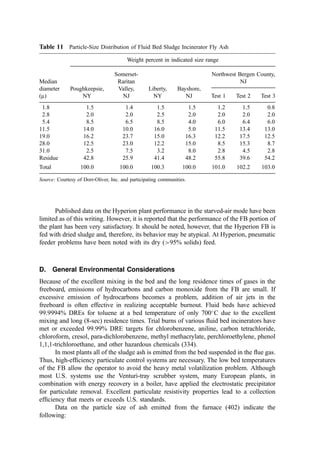 4. Sludge Feed
Sludge feed systems have been designed to inject the sludge into the bed, to drop the
sludge onto the bed from the freeboard dome, or to cast out the sludge over and into the
bed from strategically located sidewall locations. In general, feed systems are chosen on
the basis of the solids content of the waste stream. Each approach presents certain
advantages and disadvantages.
a. Bed Injection. Direct injection into the bed was the dominant approach used in the
early days of FB sludge incineration and remains the preference in the United States. From
1960 to 1970, most of the sludge was dewatered using centrifuges or vacuum ﬁlters and, at
best, was a comparatively liquid 16% to 18% solids. The injectors were, in essence,
shallow ﬂight screw extruders that forced the sludge into the bed against a back pressure of
0.1 to 0.2 atm. The high moisture content of the sludge helped to cool the barrel of the
injectors, but there was only a modest extension of the injector pipe into the bed in most
cases.
In the late 1970s, improved dewatering led to abrasion problems with the screw
injectors. Also, the reduced moisture content gave little leeway before an injector that had
stopped for even a short period was almost solidiﬁed. The same time period saw the
development of high-pressure, piston sludge pumps that could handle stiff sludge (over
35% solids). Although these pumps are costly, they are a reliable means to introduce the
sludge, feed at a steady and controlled rate, and provide considerable design and layout
ﬂexibility.
The injection of sludge at a given point in the sidewall leads to a measure of ‘‘focus’’
of the heat demand for the evaporation of moisture in the bed sector above the injection
point. As the feed rate increases, eventually the sector becomes overloaded and a portion of
the combustion heat release moves to the freeboard. A useful design basis suggests that for
a freeboard temperature of 815
C, there should be one feed point for each 1,130 kg of feed
water. For a freeboard working temperature of 925
C, there should be about one feed point
for each 2,275 kg of feed water.
b. Freeboard Injection. An alternative feed method used in the early days involved
injection of the sludge at the roof of the freeboard dome. The sludge fell against the rising
bed gases and into the bed. This approach was low in cost and simple and worked well
when the sludge was wet. However, as the sludge moisture dropped, the surface of the
sludge ‘‘chunk’’ falling through the freeboard dried enough to ﬂash off greases and oils
and to allow a portion of the volatile combustion to occur in the freeboard. Freeboard
temperatures rose. This acted to starve the bed of heat. Compensating fuel ﬁring in the bed
raised freeboard temperatures even more. Bed deﬂuidization became a continuing threat.
Few U.S. plants are operated with feed injection through the freeboard, although this
approach is preferred in Europe.
c. Sidewall Chute or Rotary Vane Feeders. When the furnace diameter exceeds 5 to 6 m,
one must be increasingly concerned with the effective use of the entire bed volume if
conventional design practice is followed and all of the sludge is fed from the wall. The use
of long, cantilevered feed points is conceptually feasible but presents structural problems at
high bed temperatures and requires uninterrupted cooling for survival.
For very large beds where one wishes to inject at least some portion of the feed
sludge deep into the bed and one has a highly dewatered sludge, an alternative feeding
strategy can be used involving the use of a ‘‘ﬂinger’’ feeder. The ﬂinger, a device similar to
 