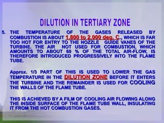 5. THE TEMPERATURE OF THE GASES RELEASED BY COMBUSTION IS ABOUT  1,800 to 2,000 deg. C .,  WHICH IS FAR TOO HOT FOR ENTRY TO THE NOZZLE  GUIDE VANES OF THE TURBINE. THE AIR  NOT USED FOR COMBUSTION, WHICH AMOUNTS TO ABOUT 60 % OF THE TOTAL AIR-FLOW, IS THEREFORE INTRODUCED PROGRESSIVELY INTO THE FLAME TUBE.  Approx. 1/3 PART OF THIS IS USED TO LOWER THE GAS TEMPERATURE IN THE  DILUTION ZONE  BEFORE IT ENTERS THE TURBINE AND THE REMAINDER IS USED FOR  COOLING  THE WALLS OF THE FLAME TUBE.  THIS IS ACHIEVED BY A FILM OF  COOLING AIR FLOWING ALONG THE INSIDE SURFACE OF THE FLAME TUBE WALL, INSULATING IT FROM THE HOT COMBUSTION GASES.  DILUTION IN TERTIARY ZONE 
