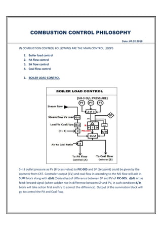 COMBUSTION CONTROL PHILOSOPHY
Date: 07.02.2018
IN COMBUSTION CONTROL FOLLOWING ARE THE MAIN CONTROL LOOPS
1. Boiler load control
2. PA flow control
3. SA flow control
4. Coal flow control
1. BOILER LOAD CONTROL
SH-3 outlet pressure as PV (Process value) to PIC-005 and SP (Set point) could be given by the
operator from CRT. Controller output (CV) and coal flow in according to the MS flow will add in
SUM block along with d/dt (Derivative) of difference between SP and PV of PIC-005. d/dt act as
feed forward signal (when sudden rise in difference between SP and PV, in such condition d/dt
block will take action first and try to correct the difference). Output of the summation block will
go to control the PA and Coal flow.
 
