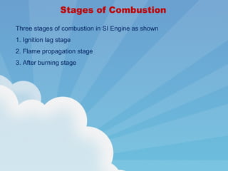 Stages of Combustion
Three stages of combustion in SI Engine as shown
1. Ignition lag stage
2. Flame propagation stage
3. After burning stage
 