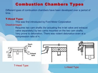  Combustion Chambers Types
Different types of combustion chambers have been developed over a period of
time.
T-Head Type:
This was first introduced by Ford Motor Corporation
Disadvantages
Requires two cam shafts (for actuating the in-let valve and exhaust
valve separately) by two cams mounted on the two cam shafts.
Very prone to detonation. There was violent detonation even at a
compression ratio of 4.
T-Head Type:
L-Head Type
 