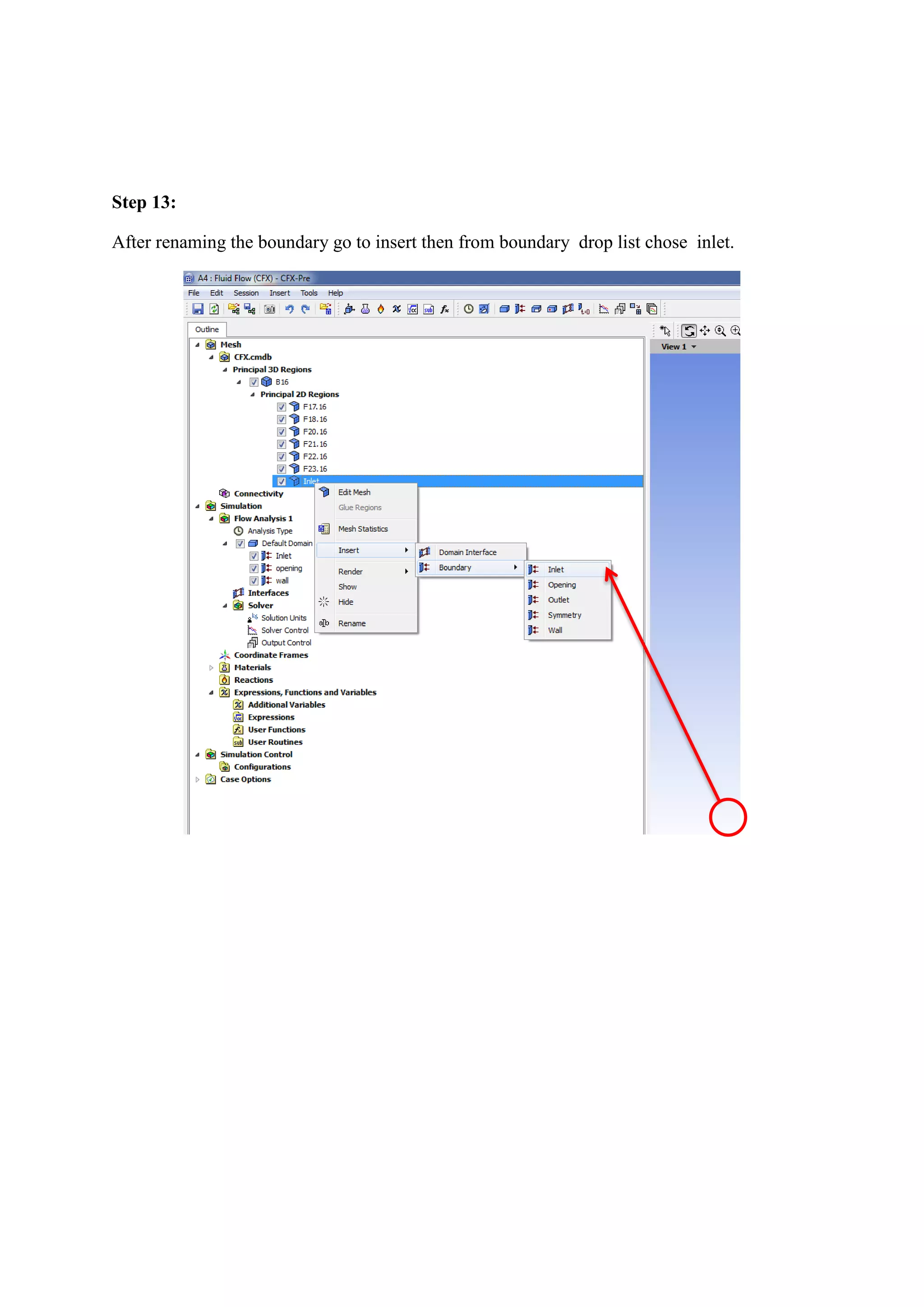 Step 13: 
After renaming the boundary go to insert then from boundary drop list chose inlet. 
 