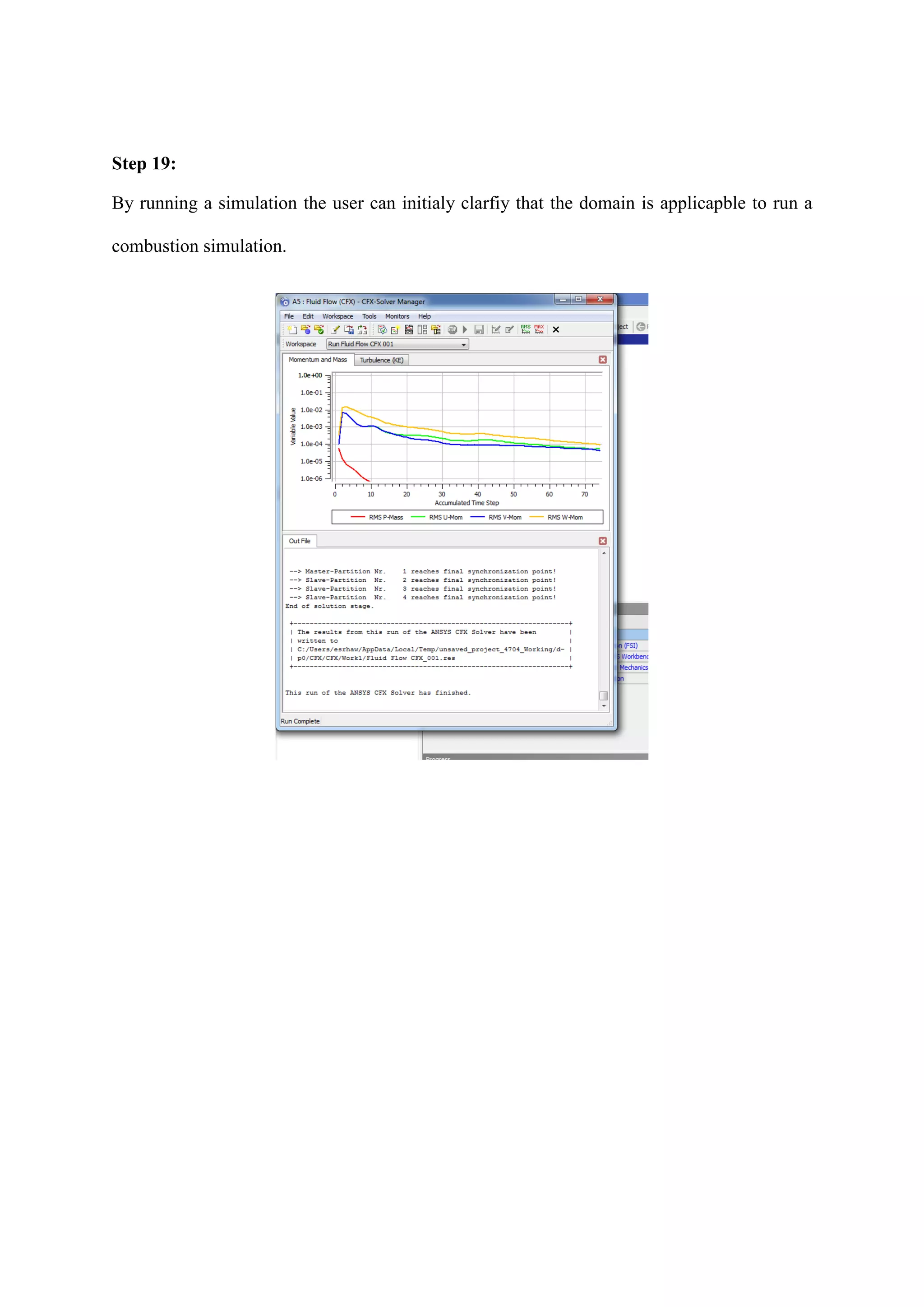 Step 19: 
By running a simulation the user can initialy clarfiy that the domain is applicapble to run a combustion simulation. 
 