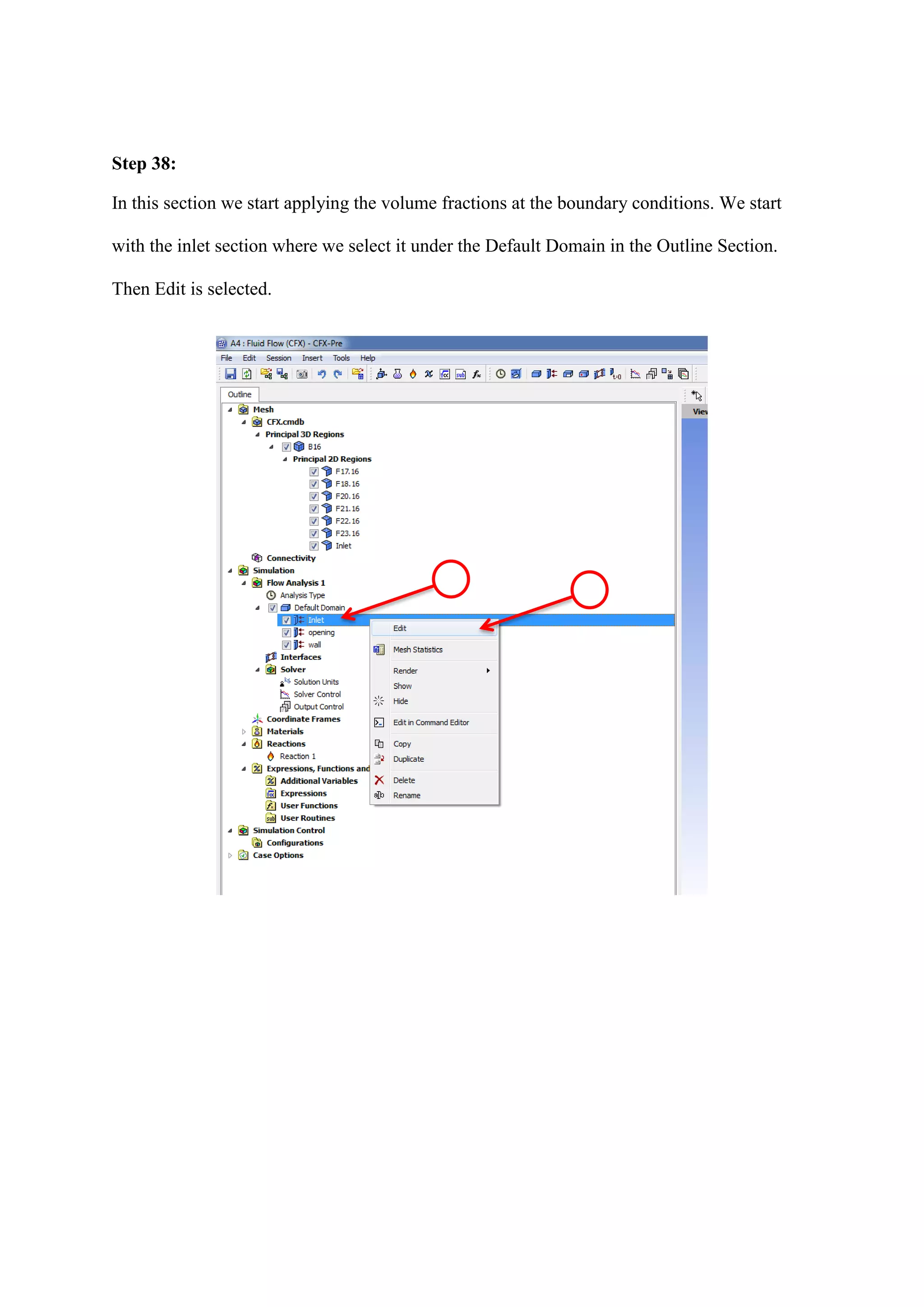 Step 38: 
In this section we start applying the volume fractions at the boundary conditions. We start with the inlet section where we select it under the Default Domain in the Outline Section. Then Edit is selected. 
 