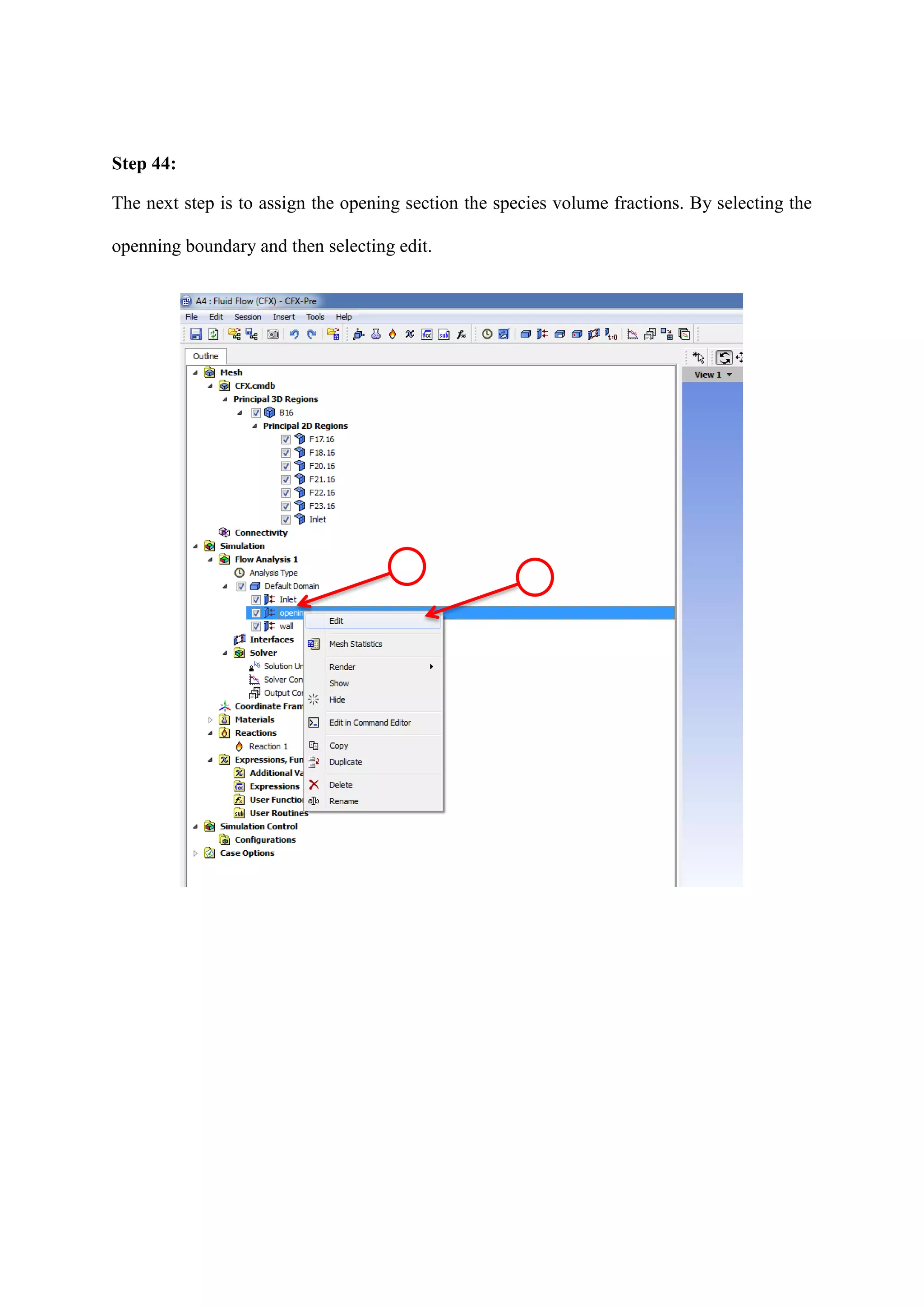 Step 44: 
The next step is to assign the opening section the species volume fractions. By selecting the openning boundary and then selecting edit. 
 