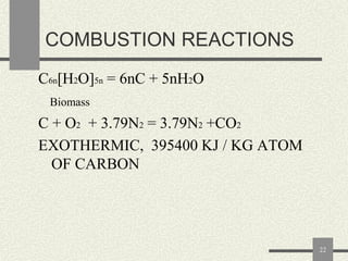 COMBUSTION REACTIONS
C6n[H2O]5n = 6nC + 5nH2O
Biomass

C + O2 + 3.79N2 = 3.79N2 +CO2
EXOTHERMIC, 395400 KJ / KG ATOM
OF CARBON

22

 